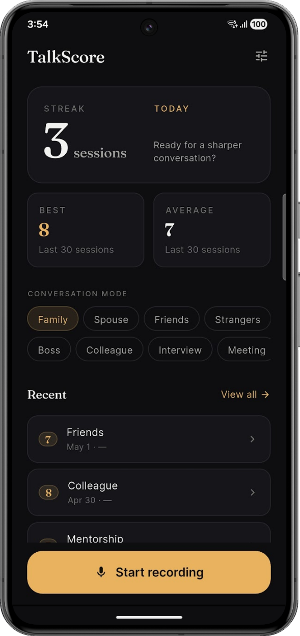TalkScore home screen with a 3-session streak, best score 8, average 7, conversation modes, and recent sessions.