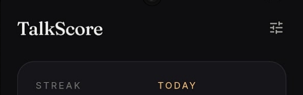TalkScore menu with a settings icon in the top right.