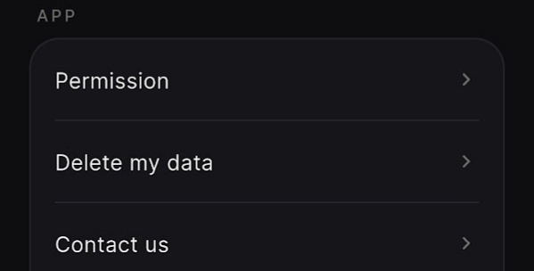 TalkScore settings screen with items: Permission, Delete my data, Contact us.